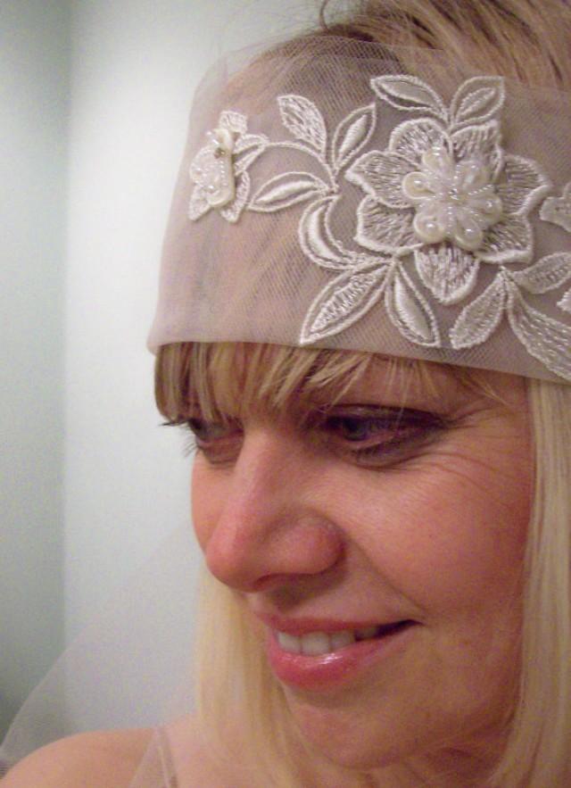 Great Gatsby Inspired Vintage Tulle Headband And Veil With Ivory Lace