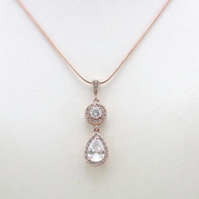 Rose Gold Necklace Wedding Necklace Clear Cubic Zirconia Teardrop
