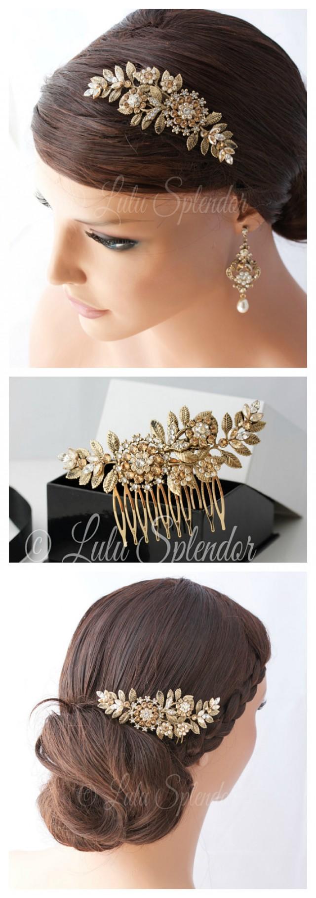 Bridal Hair Comb Vintage Leaf Leaves Wedding Comb Antique Gold Golden Shadow Crystal Pearl Side
