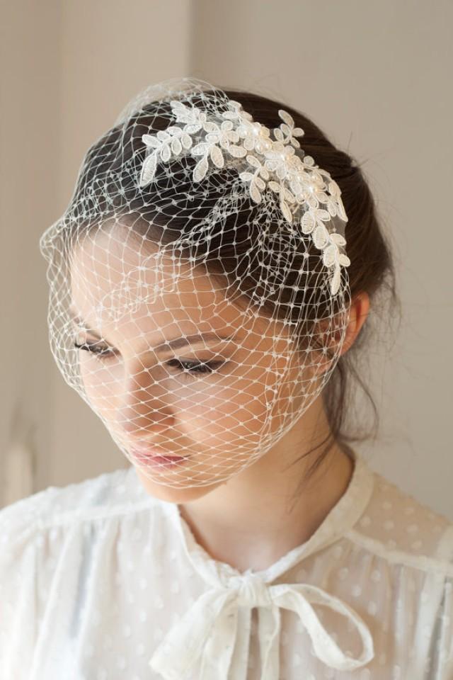 Lace Birdcage Veil With Swarovski Pearls, Full Birdcage Veil With