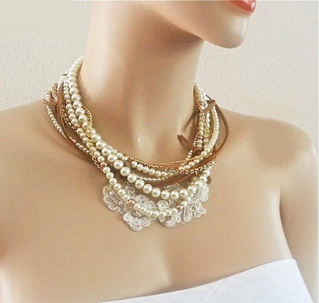 Pearl Necklace Bohemian Bridal Necklace Chunky Pearl Leather Lace Rhinestone Necklace