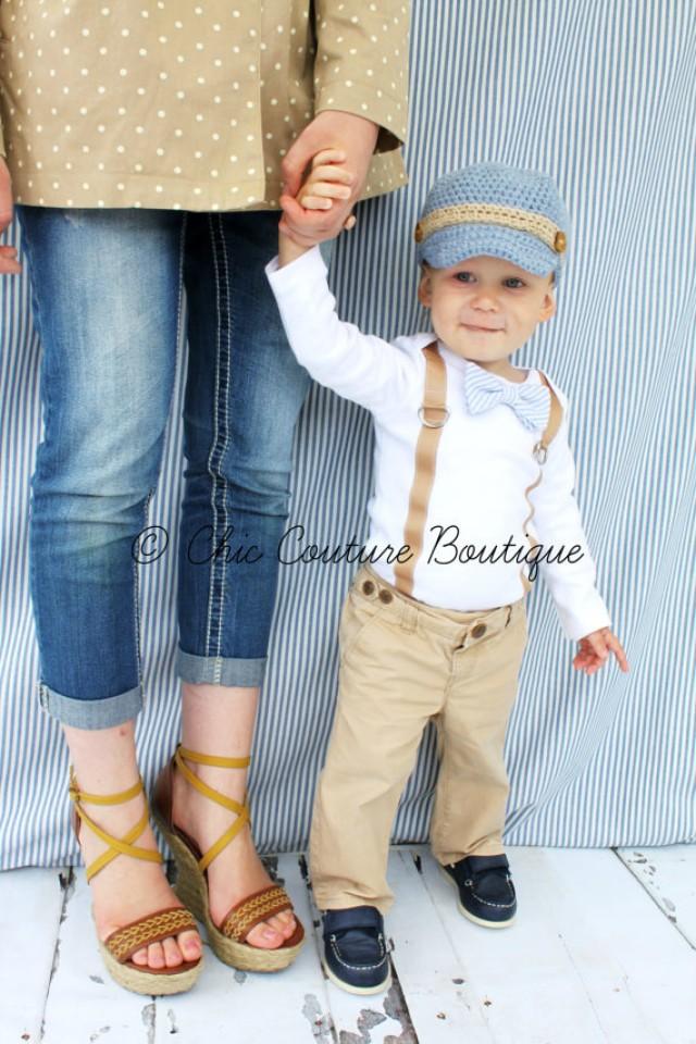 Baby Boy Easter Spring Bow Tie & Suspender Bodysuit. Baby Blue