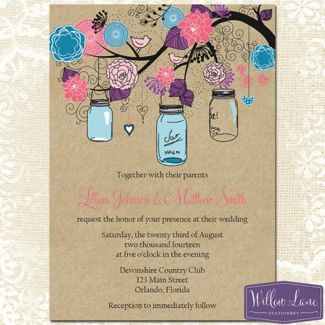 Mason Jar Wedding Invitation Kraft Pink Purple Blue Mason Jar Wedding