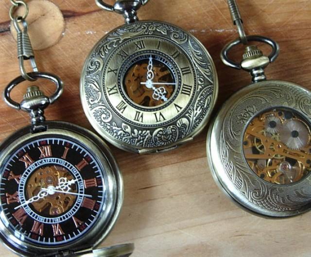 Set Of 4 Pocket Watches With Chains Gold Personalized Mechanical