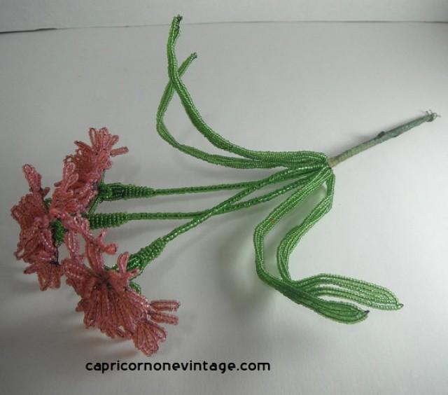 Vintage Glass Beaded Flowers Pink French Beaded Spray Handmade Beadwork