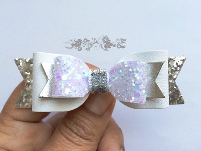 Girls Silver And White Glitter Hair Bow White Sparkling Hair Clip