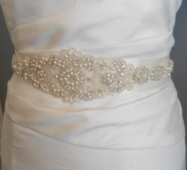 Bridal Sash, Beaded Sash Wedding Dress Sash, Rhinestone And Pearl Sash Satin Tie. A Beautiful