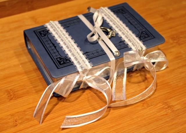 Ring Bearer Bible Blue White Lace Pearl Silver Wedding Ring