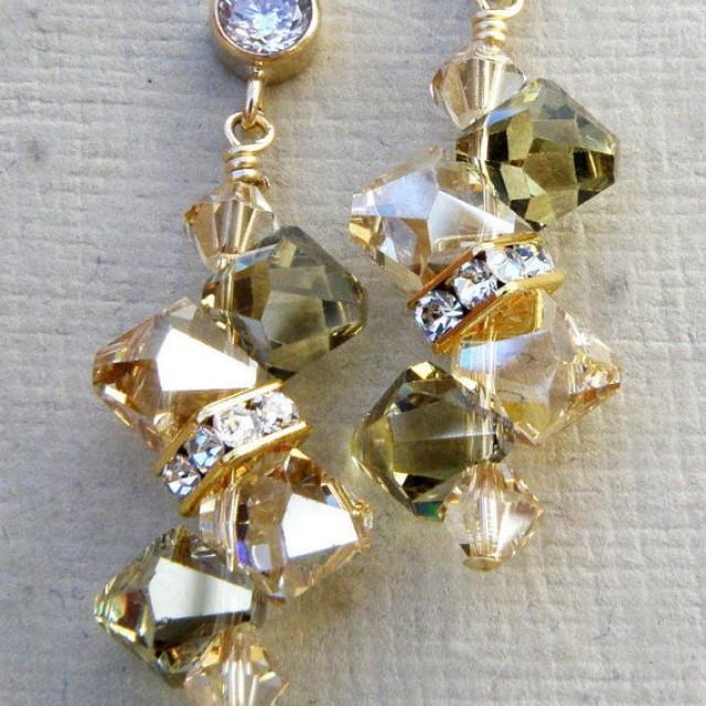 Champagne Peridot Crystal Earrings, Yellow Gold, Green Swarovski