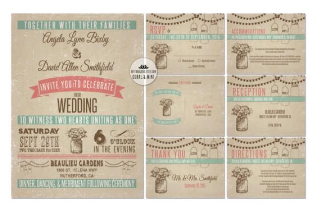 New Dark Vintage Mason Jar Wedding Invitation Printable Coral Mint