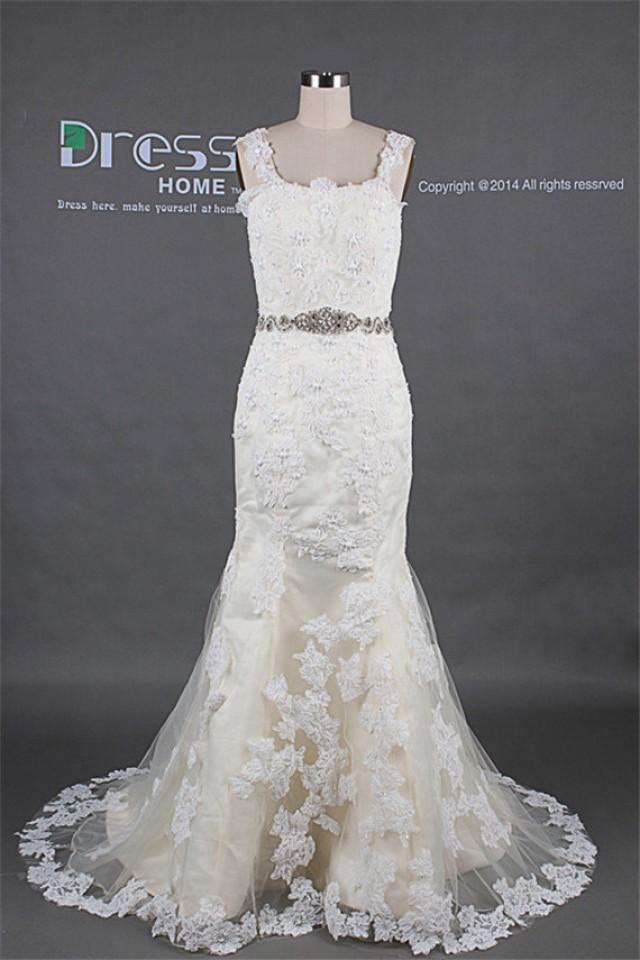 Sexy Ivory Straps Rhinestones Beading Belt Lace Mermaid Wedding Dress