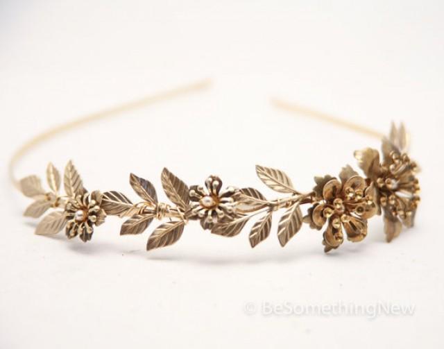Grecian Brassy Gold Metal Leaf And Flower Headband Gold Wedding