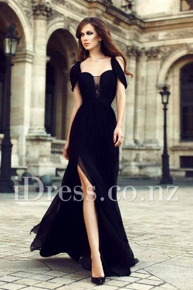 Sexy Peek A Boo Sleeve Black Formal Evening Dress With Slit 2250066
