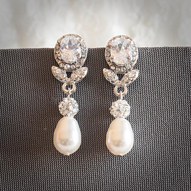 Statement Bridal Earrings Swarovski Teardrop Pearl Wedding Earrings Art Deco Crystal Leaf Pearl Dangle Earrings Wedding Jewelry Rubie Weddbook