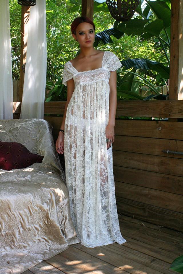 Sheer Lace Bridal Nightgown Wedding Lingerie Romance Boudoir Honeymoon Off Shoulder Drop Cap