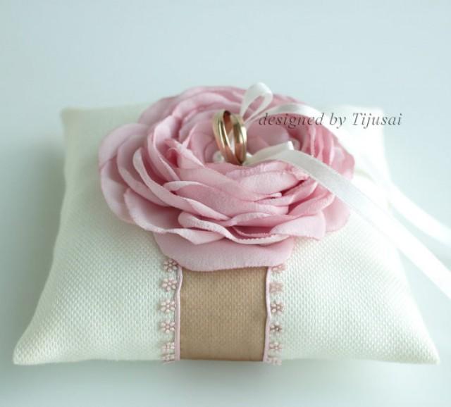 Ivory Wedding Ring Pillow With Pink Rose And Brown Ribbon