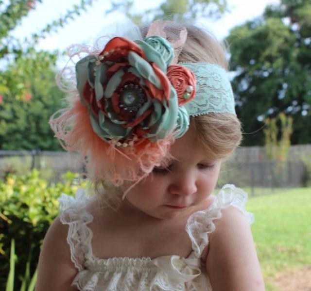 Mint Green And Peach/Coral CoutureBaby HeadbandPhoto PropWedding
