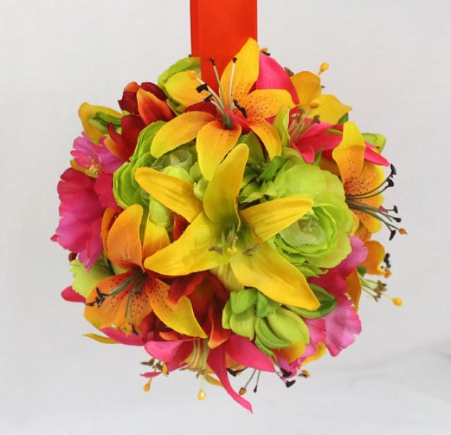 Wedding Kissing Ball, Pomander Ball Tropical Yellow, Orange Lily