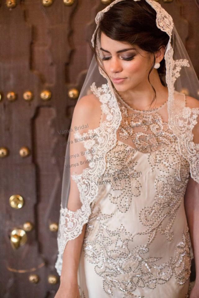 Cream Wedding Veil, Champagne Bridal Veil, Cathedral Lace Veil Mantilla