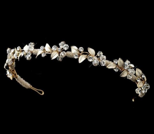 Simple Bridal Headband, Gold Wedding Headpiece, Leaf Headband, Crystal