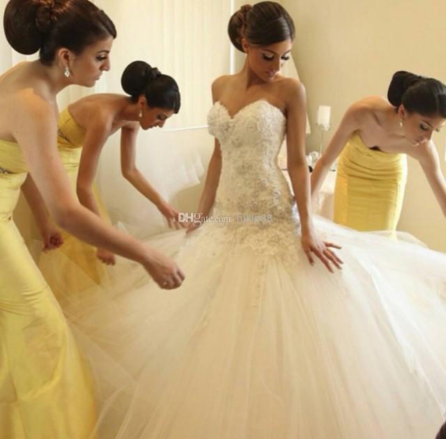 2014 Mermaid Wedding Dresses Applique Beaded Strapless Sweetheart