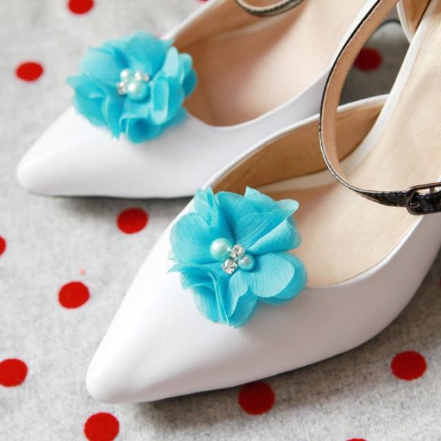 Blue Chiffon Flower Rhinestones Beaded Shoe Clips Wedding Shoes