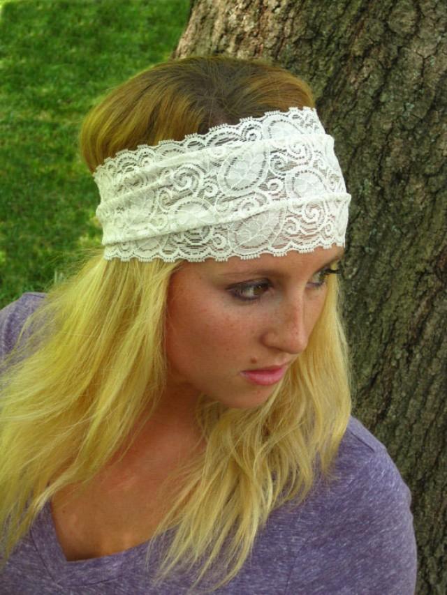 White Stretchy Lace Headband / Bridal Lace Headband / Comfortable