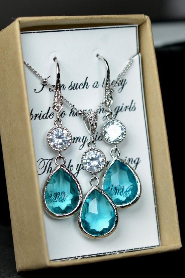 Bridal Drop Bridal Jewelry Wedding Dangle Teal Blue Earrings Necklace