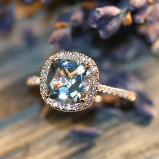 Halo Diamond Aquamarine Engagement Ring In 14k Rose Gold Pave
