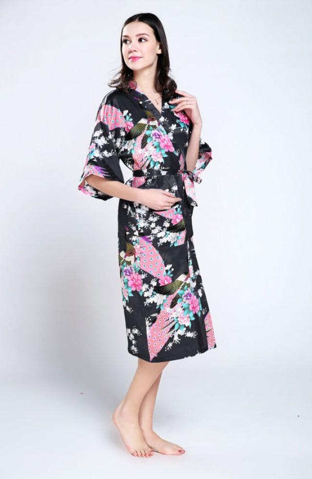 Black Satin Bridal Party Robes Marriage Bridal Shower Gift Embroidered