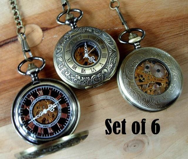 Set Of 6 Pocket Watches Gold Bronze Mechanical Personalized Groomsmen