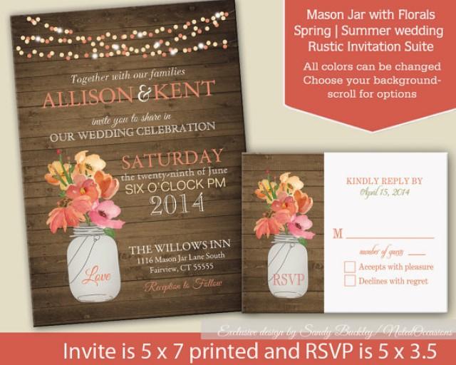 Rustic Mason Jar Coral Wedding Invitations With Dangling Lights