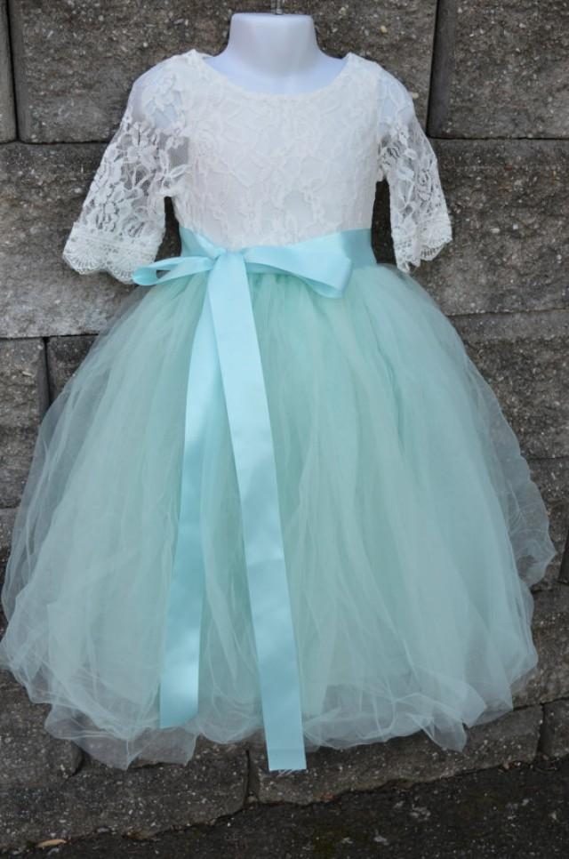 Girls Aqua Mint Long Sewn Tulle Skirt, Aqua Tutu, Toddler Tulle Skirt