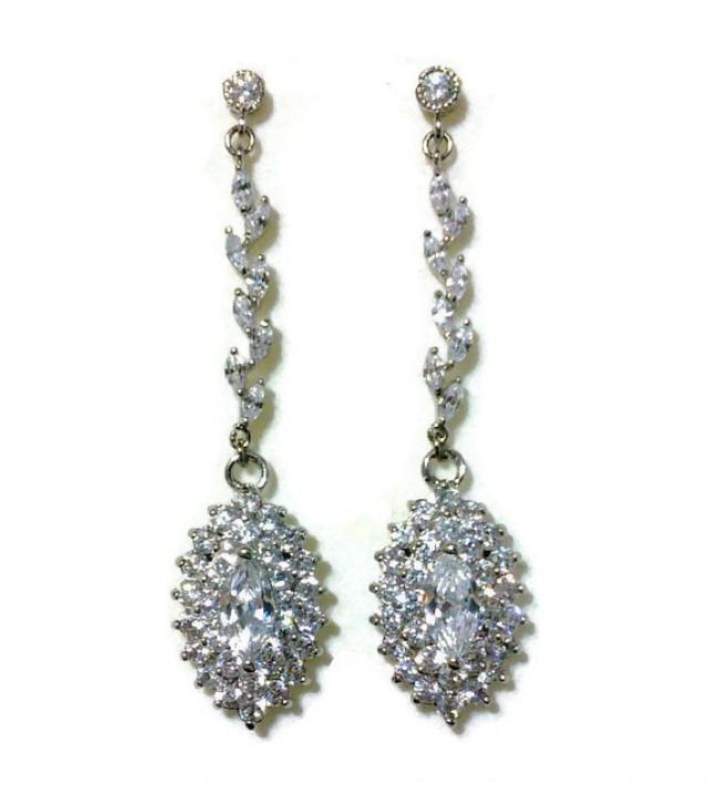 Long Dangle Bridal Earrings, Twig Jewelry, Pave Cz Earrings, Marquise