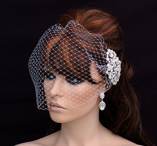 Bridal Comb And Birdcage Veil , Bird Cage Veil , White Ivory Blusher