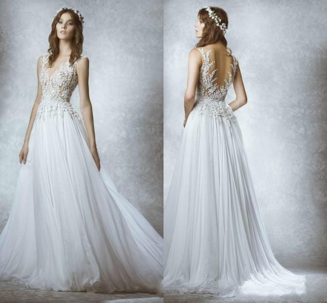Elegant Zuhair Murad 2015 Fall Winter Wedding Dresses A Line Sheer Neck