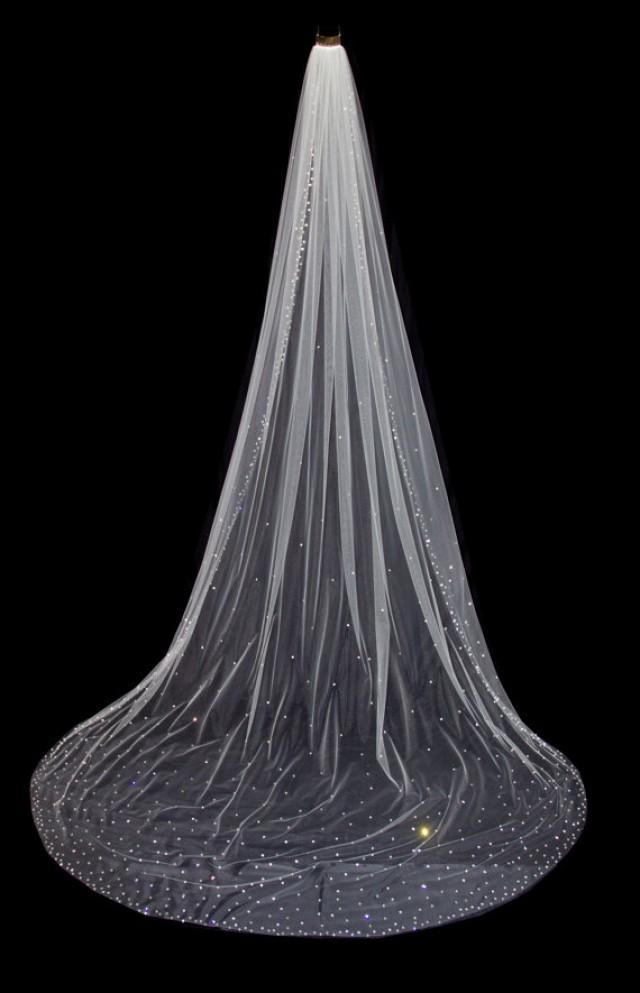 Cathedral Length Wedding Veil With Crystal Edge And Scattered Crystals