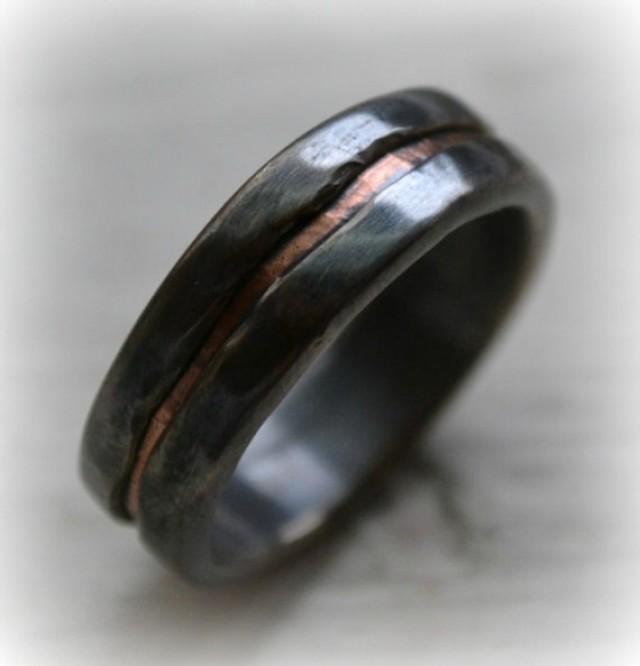Mens Wedding Band Rustic Fine Silver And Copper Ring Handmade