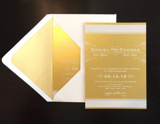 SAMPLE Gold Wedding Invitation With White Ink, Wedding Invitation Gold Liner, Metallic Gold