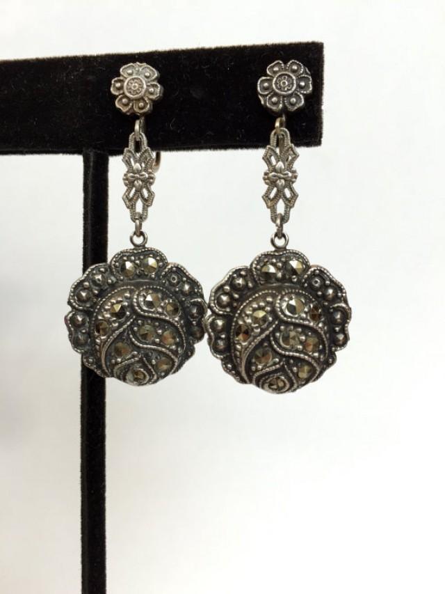 Vintage Jewelry Earrings / Antique Sterling Silver Marcasite Flower 20s