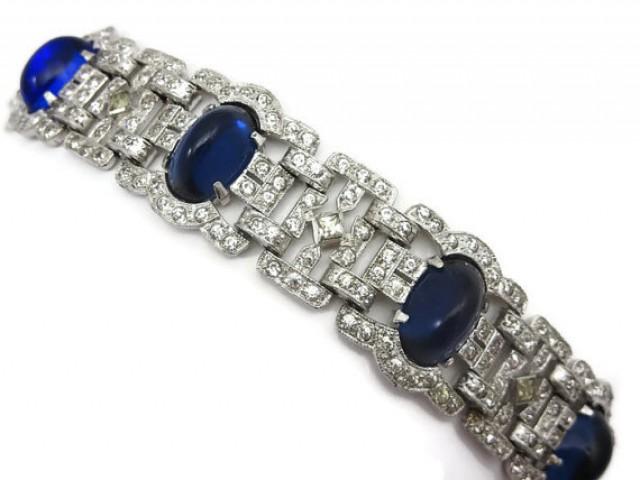 Stunning Vtg Art Deco Sapphire & Clear Rhinestone Rhodium Plated Bracelet