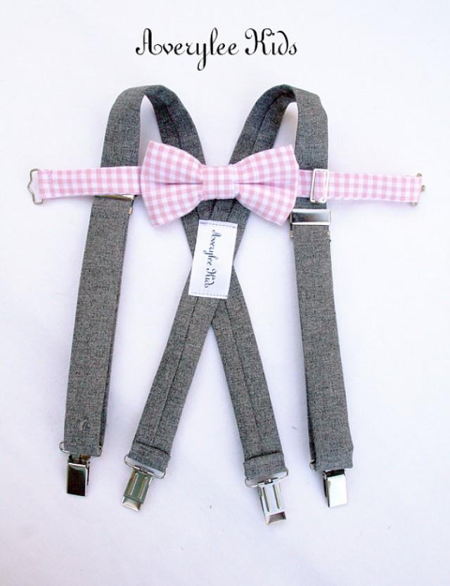 Wedding Suspenders For Boys, Grey Suspender And Blush Pink Bow Tie Set