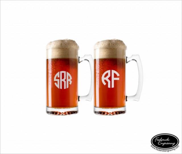 TWO Custom Etched Monogram Beer Mugs, SHIPS FAST, Personalized