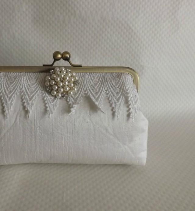 Ivory Bridal Clutch With Pearl Brooch Ivory Wedding Clutch Wedding