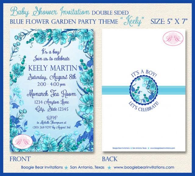 Blue Flower Garden Baby Shower Invitation Boy Aqua Teal Spring