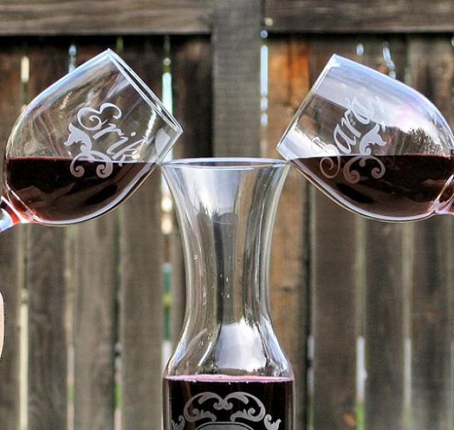Wine Unity Set (2)Personalized Glasses & (1) Matching Carafe, Custom Wedding Unity, Etched