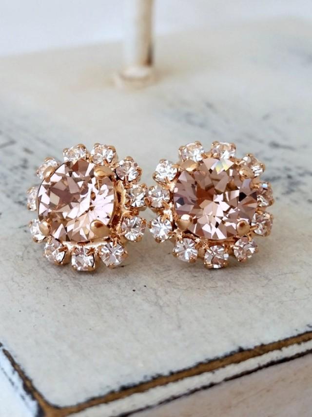 Rose Gold Blush Pink Crystal Halo Stud Earrings, Bridal Earrings