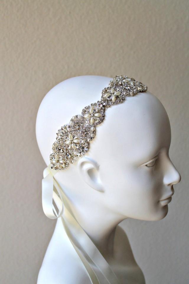 Bridal Beaded Crystal Rhinestone Applique Headband. Ivory Pearl Vintage