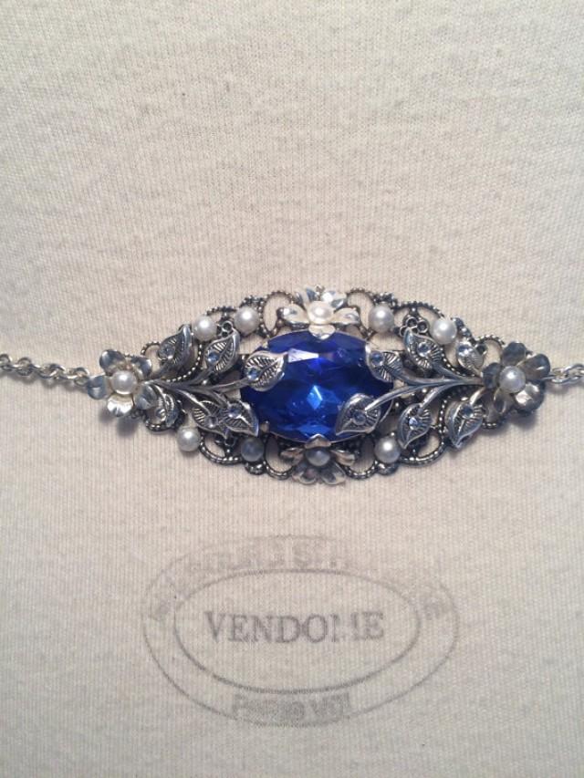 Sapphire Blue Bridal Belt Blue Rhinestone Belt Silver Bridal Belt