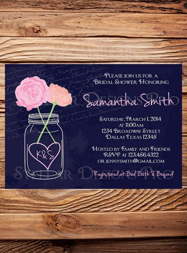 Bridal Shower Invitation,Mason Jar Peonies, Garden Flowers Mason, Navy